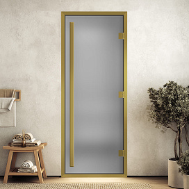 DoorWood Дверь "Хамам престиж сатин" в золотом профиле