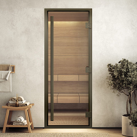 DoorWood Дверь "Хамам престиж прозрачное " в бронзовом профиле