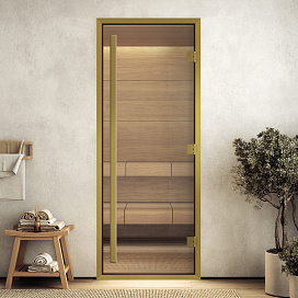 DoorWood Дверь "Хамам престиж прозрачное" в золотом профиле